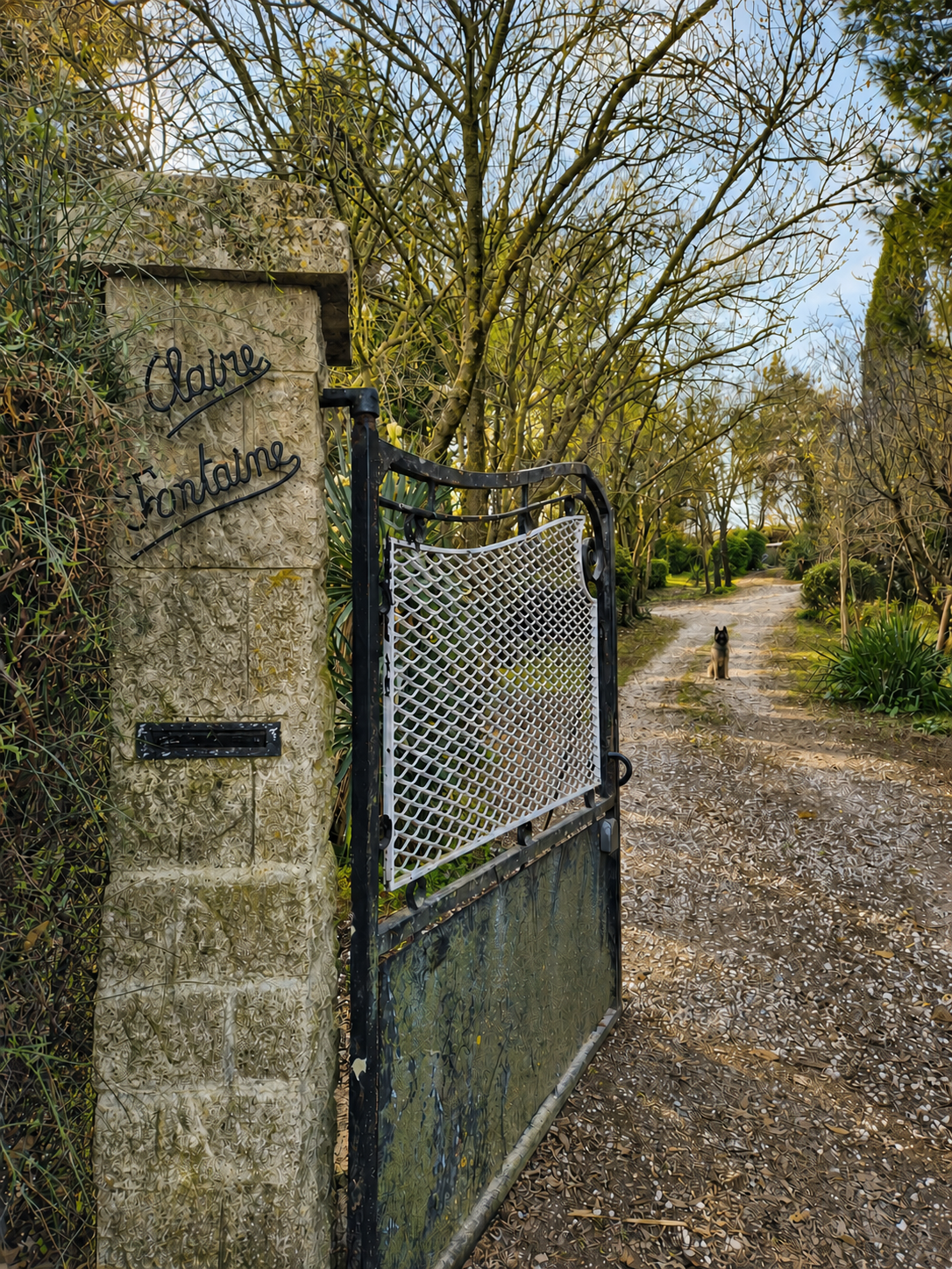 Le portail de la maison Claire Fontaine ouvrant sur son jardin, avec son berger belge tervueren sur le chemin