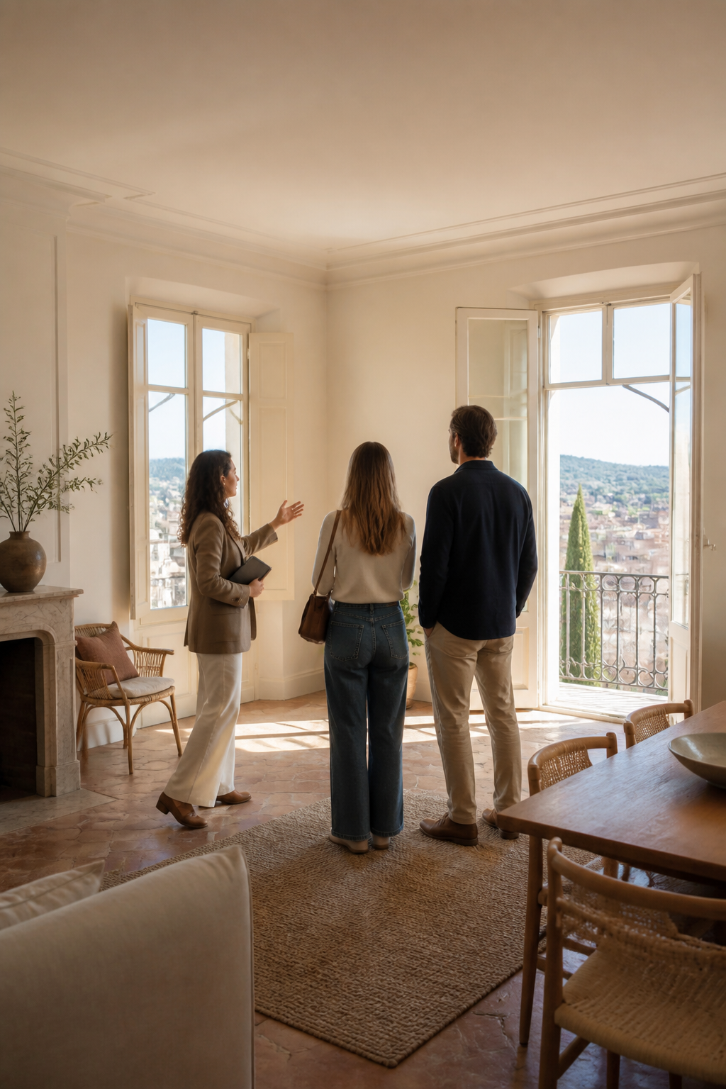 Acquéreurs découvrant un appartement avec leur conseillère immobilière