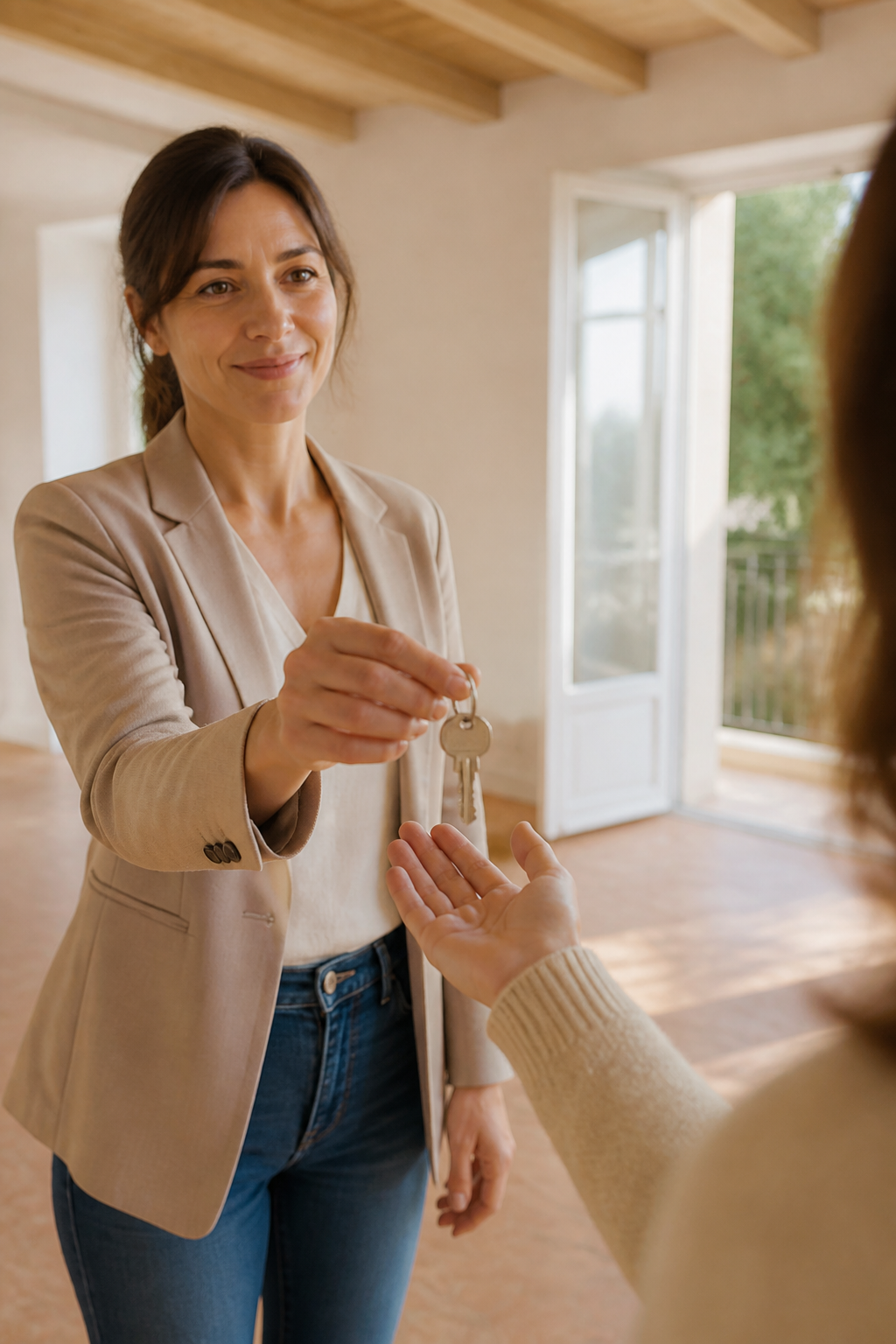 Remise des clés à la nouvelle locataire d’un appartement lumineux